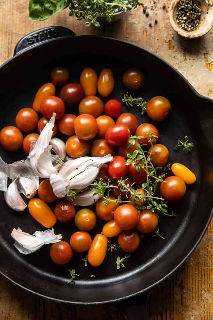 prep photo of tomatoes in skillet before roasting