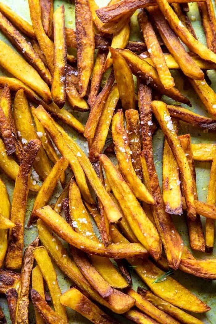 overhead photo of Golden Butter Fries on baking sheet