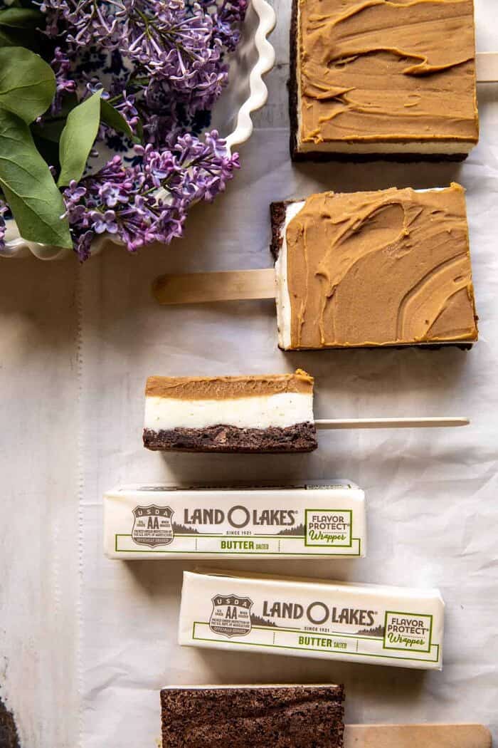 overhead photo of Peanut Butter Brownie Ice Cream Bars before adding the final layer of chocolaye 