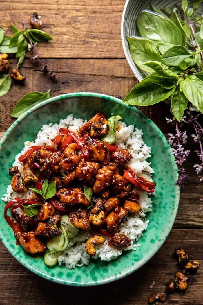 Thai Basil Sesame Cashew Chicken with Coconut Rice | halfbakedharvest.com