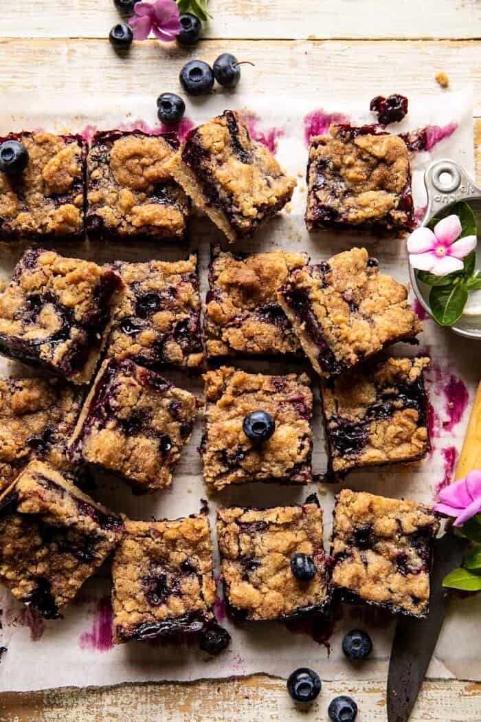 overhead photo of Cinnamon Sugar Blueberry Crumb Bars 