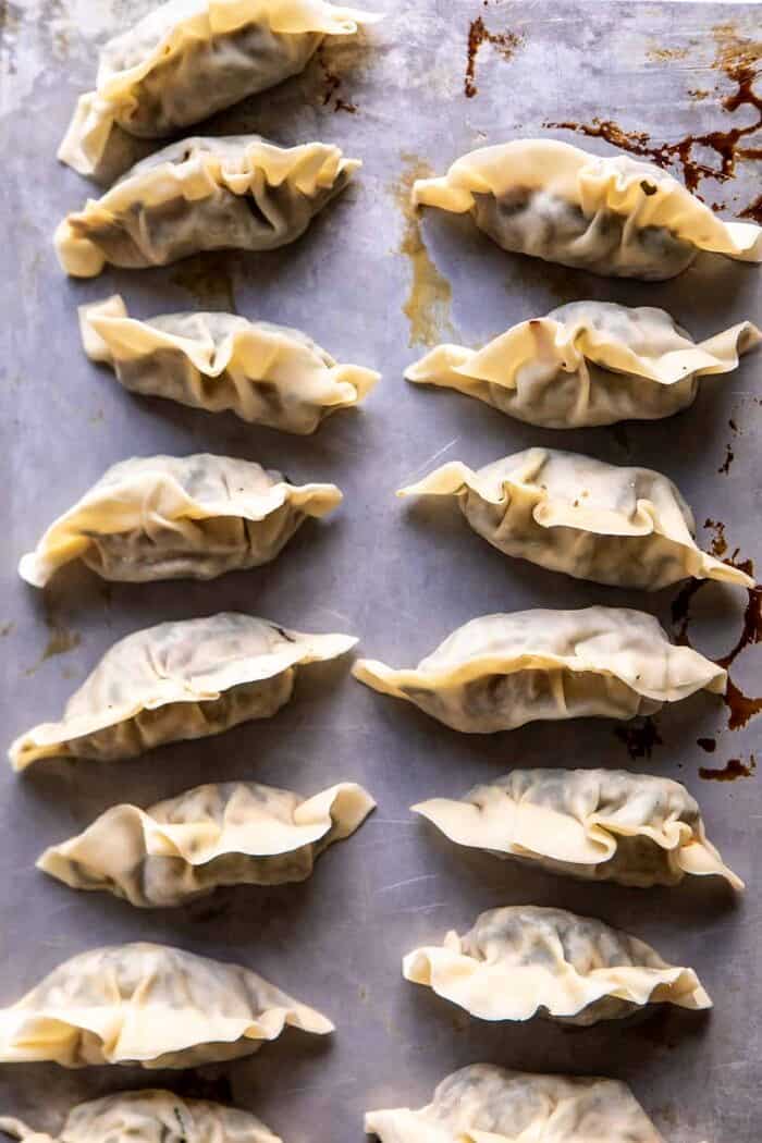 overhead prep photo of Crispy Sesame Ginger Potstickers before cooking