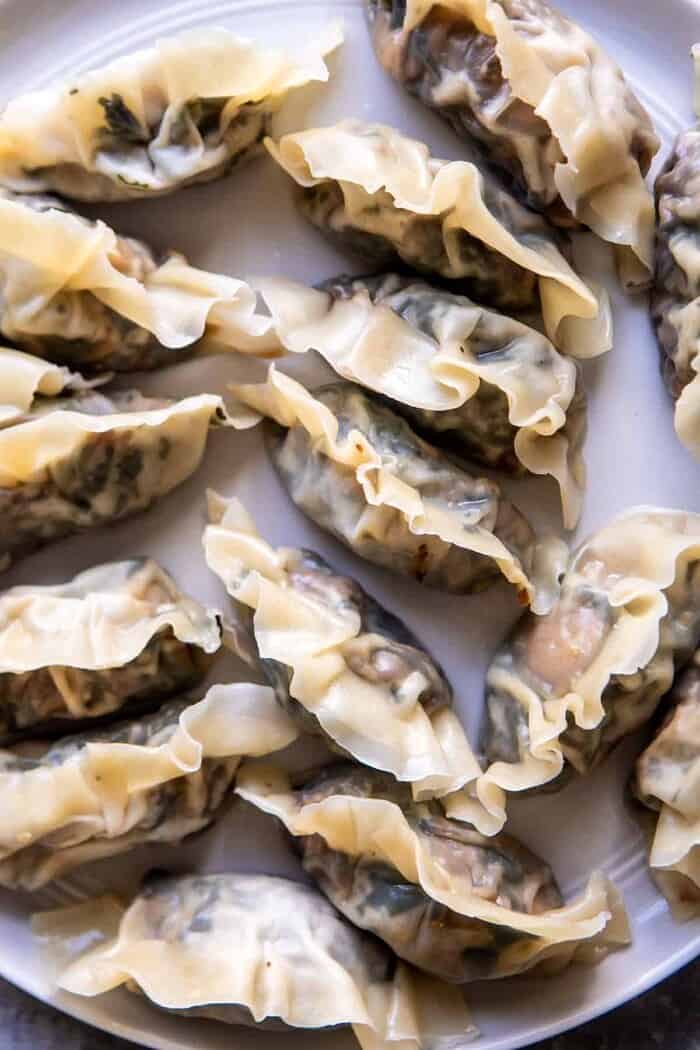 overhead prep photo of Crispy Sesame Ginger Potstickers after boiling