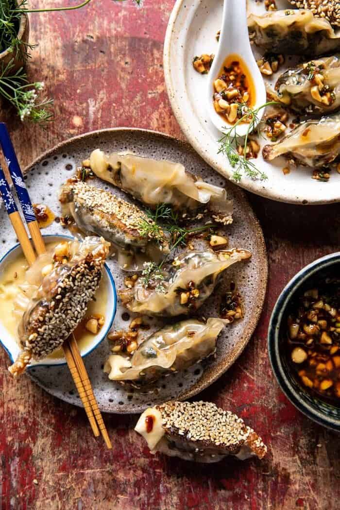 overhead photo of Crispy Sesame Ginger Potstickers with Chive Chili Sauce