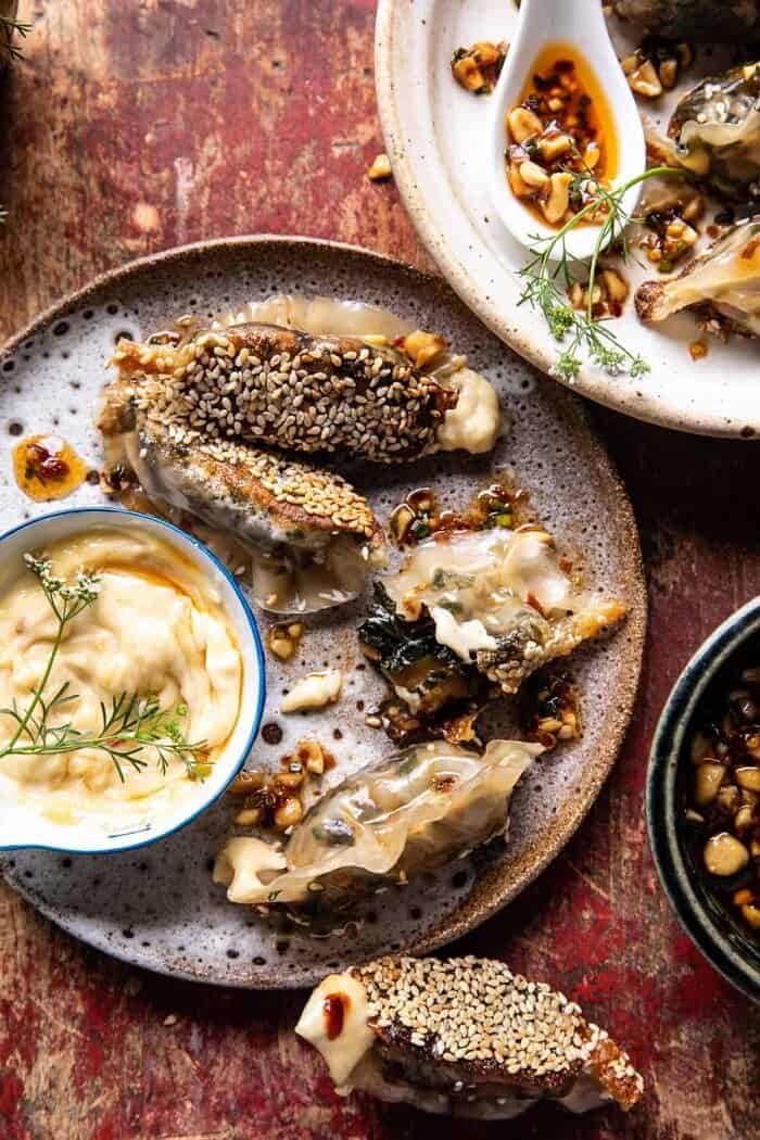 overhead photo of Crispy Sesame Ginger Potstickers with Chive Chili Sauce 