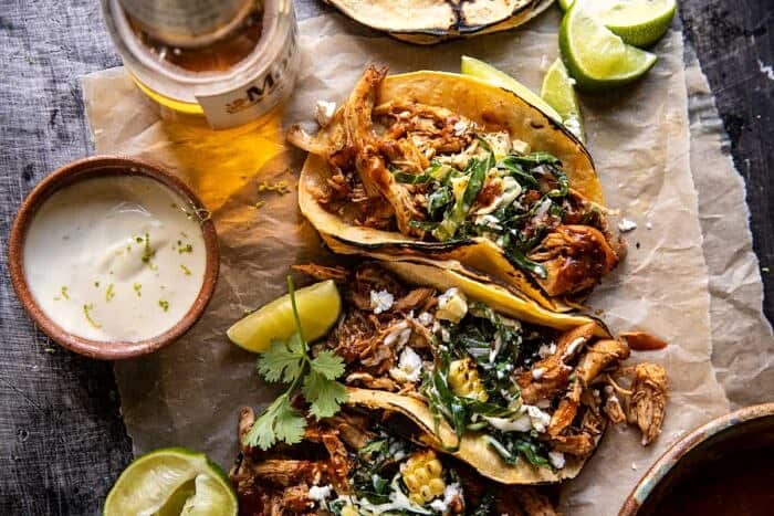overhead horizontal photo of Instant Pot Crispy Carnitas with Chipotle Peach Salsa