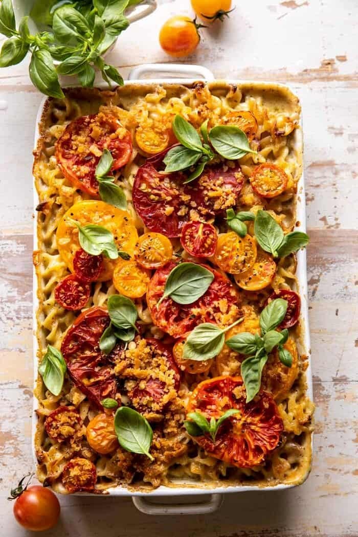 overhead photo of One Pot 4 Cheese Caprese Mac and Cheese
