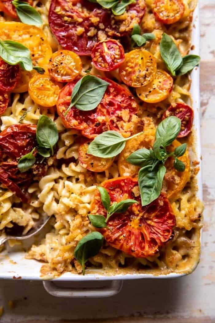 overhead close up photo of One Pot 4 Cheese Caprese Mac and Cheese