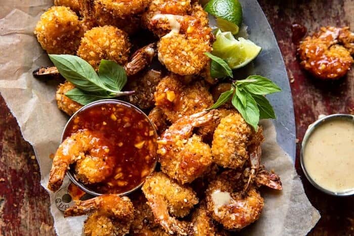 Oven Fried Coconut Shrimp with Thai Pineapple Chili Sauce | halfbakedhavest.com overhead horizontal photo of Oven Fried Coconut Shrimp with Thai Pineapple Chili Sauce