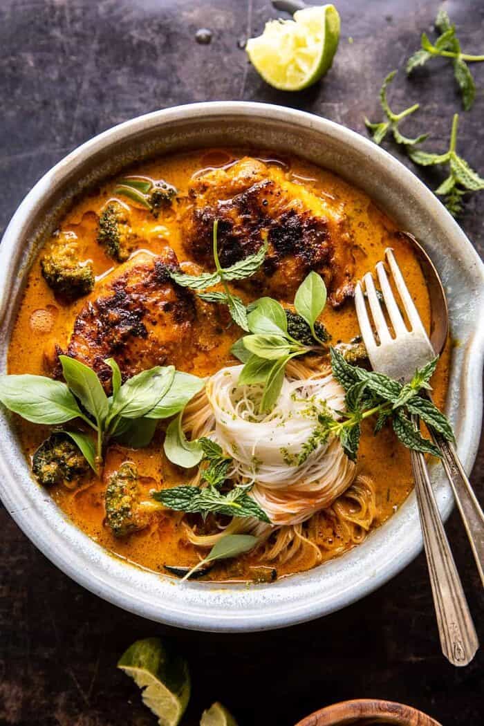 Saucy Coconut Braised Chicken with Rice Noodles and Broccoli | halfbakedharvest.com