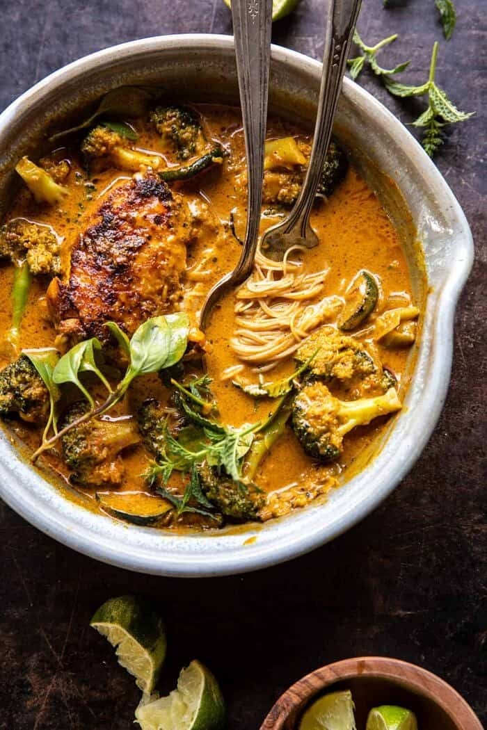 overhead photo of Saucy Coconut Braised Chicken with Rice Noodles and Broccoli