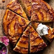 Skillet Cinnamon Sugar Peach Upside Down Cake | halfbakedharvest.com