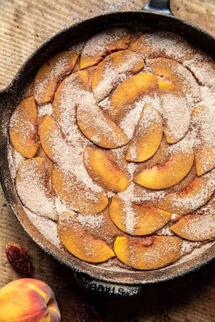 Skillet Cinnamon Sugar Peach Upside Down Cake before baking
