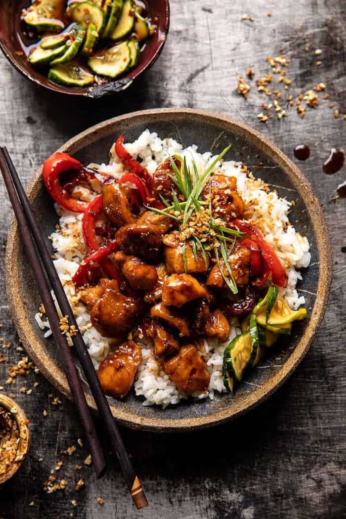 overhead photo of Weeknight Sesame Teriyaki Chicken with Ginger Rice