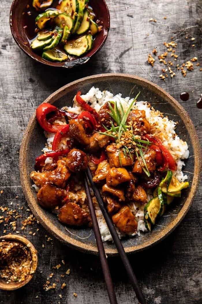 overhead photo of Weeknight Sesame Teriyaki Chicken with Ginger Rice with chopsticks in bowl 