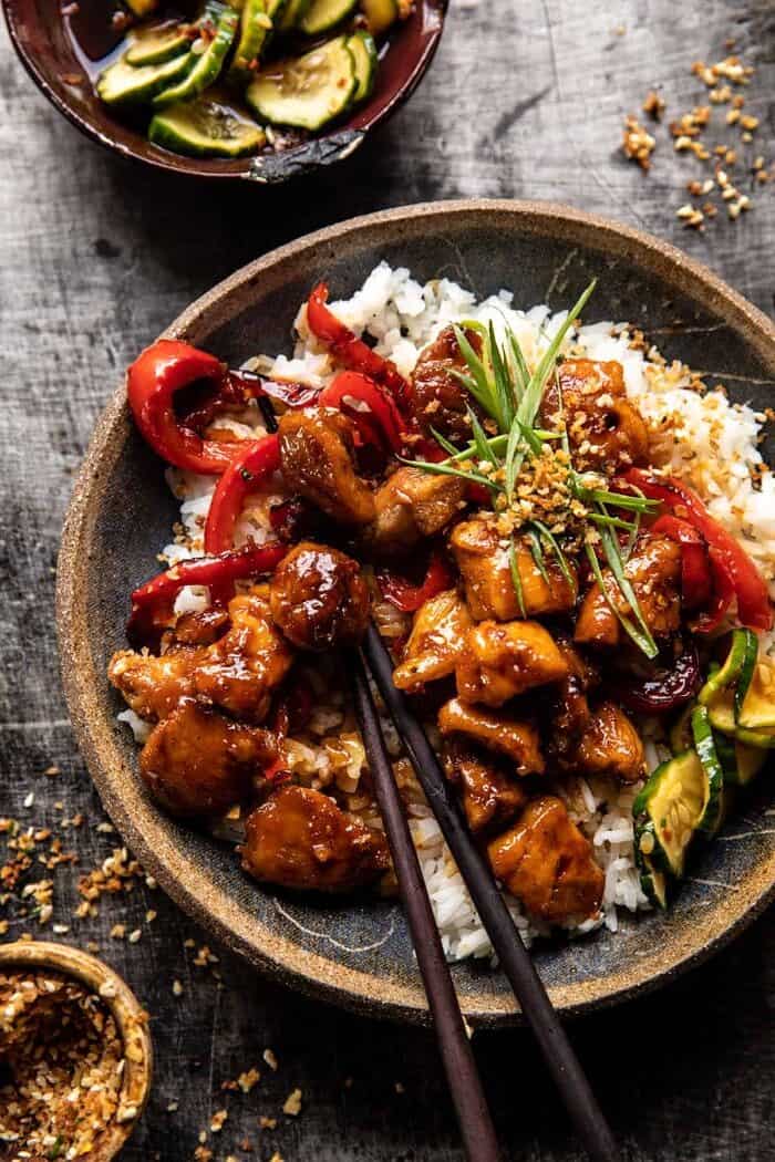 overhead close up photo of Weeknight Sesame Teriyaki Chicken with Ginger Rice 