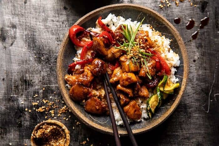 overhead photo of Weeknight Sesame Teriyaki Chicken with Ginger Rice