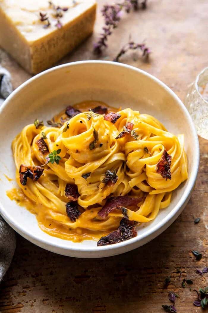 Butternut Squash Pasta Carbonara with Rosemary Bacon | halfbakedharvest.com side angled close up photo of Butternut Squash Pasta Carbonara with Rosemary Bacon