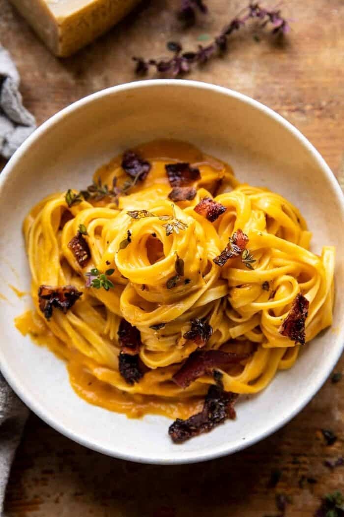 Butternut Squash Pasta Carbonara with Rosemary Bacon | halfbakedharvest.com overhead close up photo of Butternut Squash Pasta Carbonara with Rosemary Bacon
