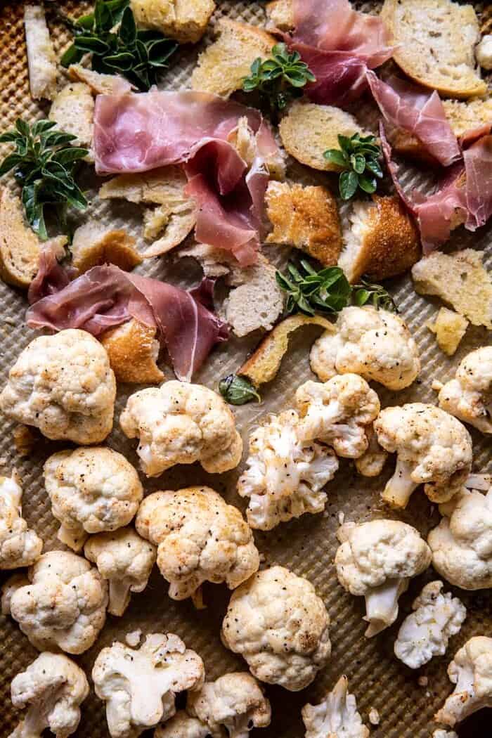 prep photo of Cauliflower and Spicy Breadcrumbs on baking sheet before baking