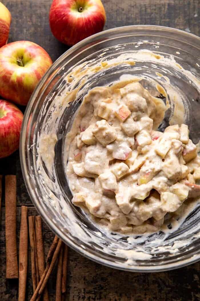 Cinnamon Spiced Apple Fritters with Vanilla Coffee Glaze | halfbakedharvest.com prep photo of Cinnamon Spiced Apple Fritter batter