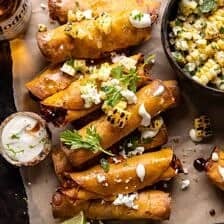 Crockpot BBQ Beer Chicken Taquitos with Street Corn Salsa | halfbakedharvest.com