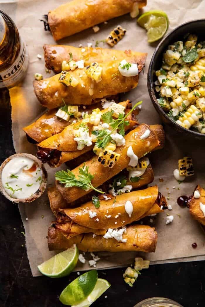 Crockpot BBQ Beer Chicken Taquitos with Street Corn Salsa | halfbakedharvest.com