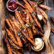 Garlic Parmesan Sweet Potato Fries with Spicy Aioli | halfbakedharvest.com