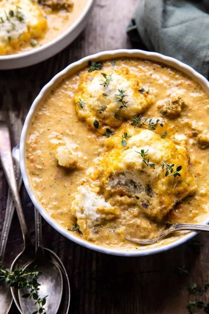 side angled photo of One Pot Broccoli Cheddar and Dumplings 