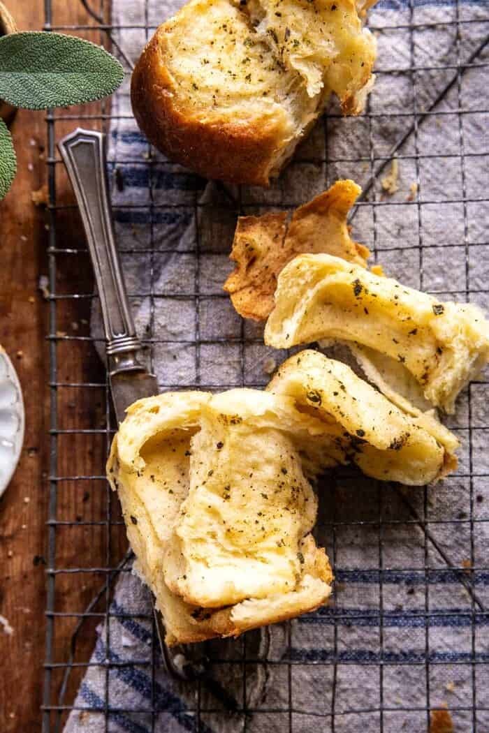 overhead photo of Pull Apart Parmesan Sage Butter Brioche Rolls