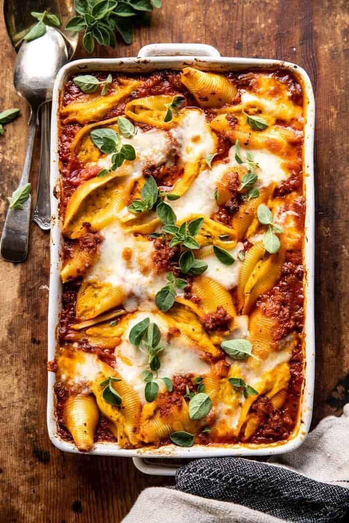overhead photo of Pumpkin Cheese Stuffed Pasta Bolognese Bake 