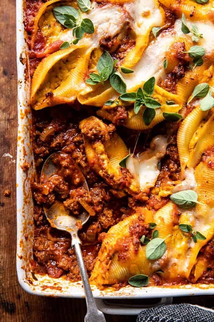 overhead close up photo of Pumpkin Cheese Stuffed Pasta Bolognese Bake