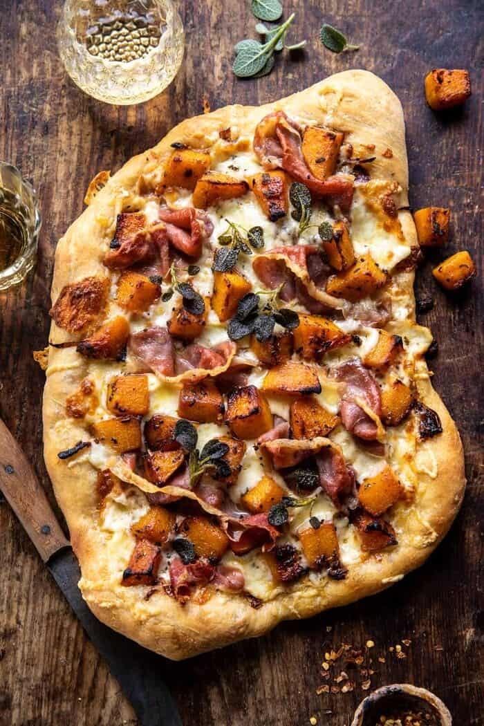 overhead photo of Roasted Butternut Squash Prosciutto Pizza with Caramelized Onions 