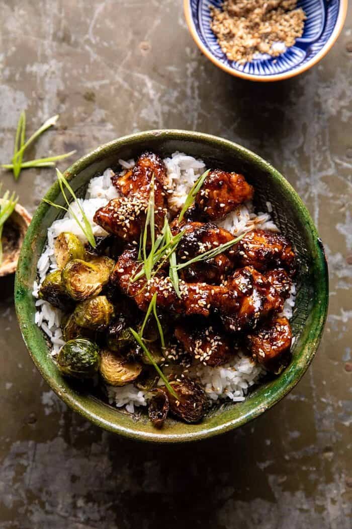 overhead photo of Sheet Pan Sticky Ginger Sesame Chicken and Crispy Brussels Sprouts 