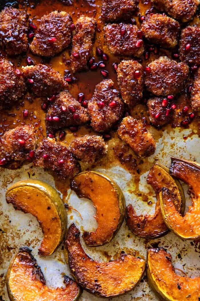 Sheet Pan Sticky Thai Pomegranate Chicken and Honey Roasted Squash | halfbakedharvest.com