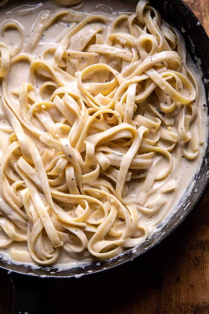 prep photo of Fettuccine Alfredo in skillet before serving