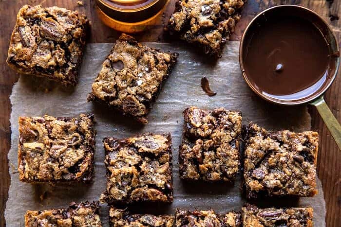 overhead horizontal photo of Brown Sugar Maple Chocolate Pecan Pie Bars