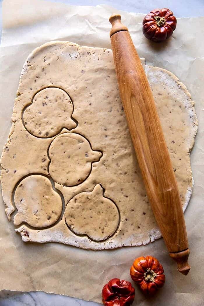 overhead prep photo of rolling out cookie dough