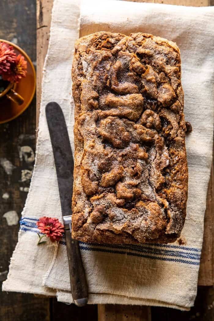 overhead photo of Cinnamon Swirl Chocolate Chip Pumpkin Butter Bread 