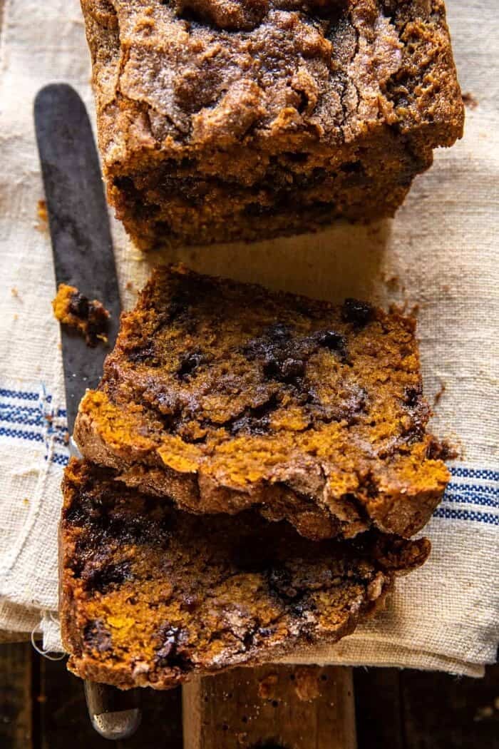 overhead close up photo of Cinnamon Swirl Chocolate Chip Pumpkin Butter Bread