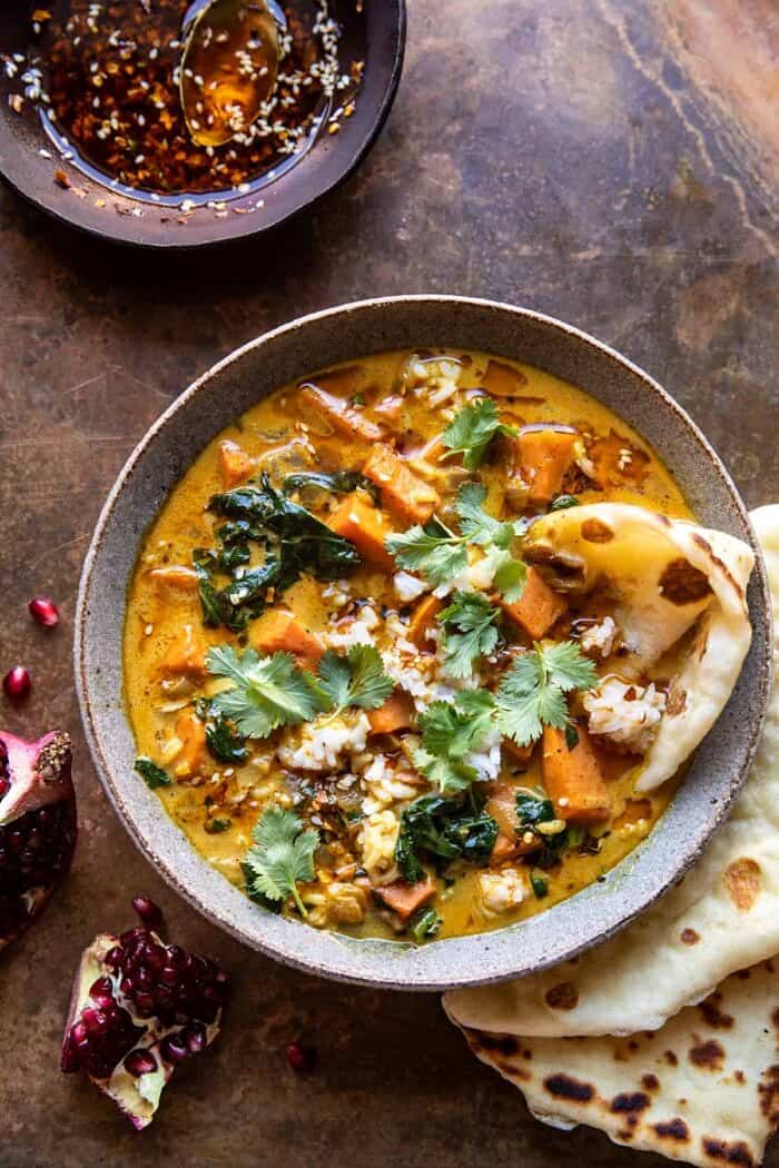 overhead photo of Gingery Coconut Sweet Potato and Rice Stew with Chili Oil