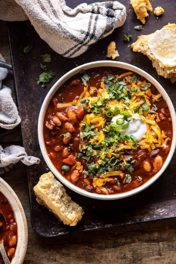 Healthy Slow Cooker Chipotle Bean Chili | halfbakedharvest.com overhead photo of Healthy Slow Cooker Chipotle Bean Chili