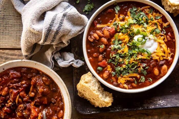 Healthy Slow Cooker Chipotle Bean Chili | halfbakedharvest.com overhead horizontal photo of Healthy Slow Cooker Chipotle Bean Chili