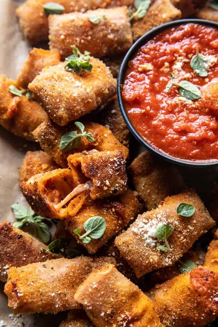 Homemade Cheesy Pizza Rolls | halfbakedharvest.com overhead close up photo of Homemade Cheesy Pizza Rolls
