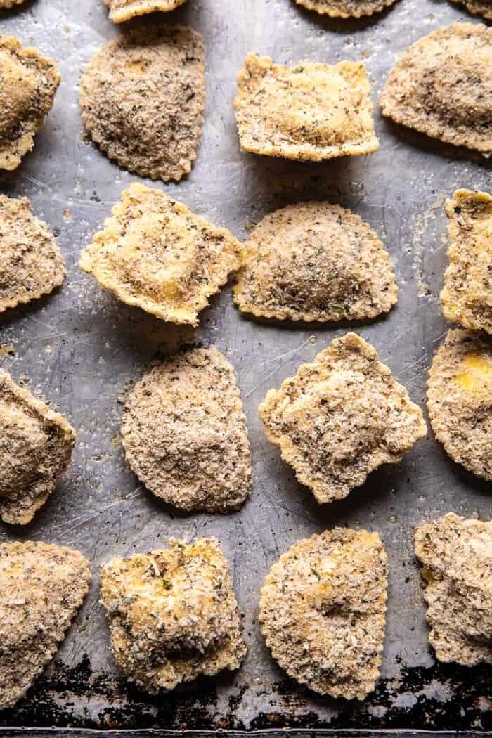 Oven Toasted Garlic Herb Cheese Ravioli | halfbakedharvest.com prep photo of ravioli before baking