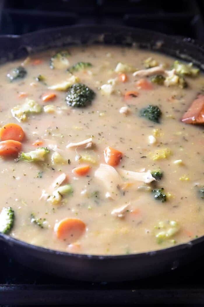 prep photo of Skillet Chicken Broccoli Pot Pie cooking in skillet on the stove