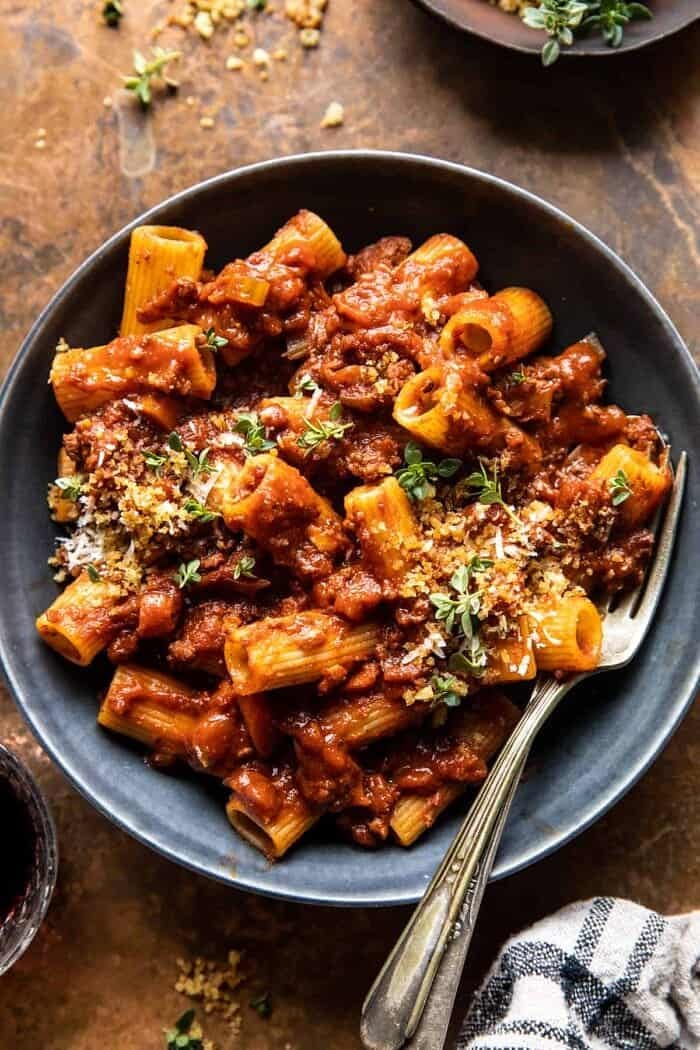 overhead close up photo of Slow Cooker Saucy Sunday Bolognese Pasta