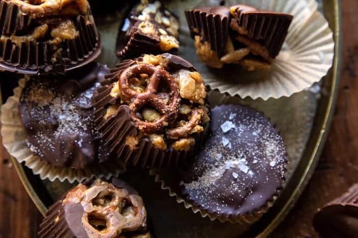 overhead horizontal photo of Snickerdoodle Peanut Butter Chocolate Chex Mix Bars 
