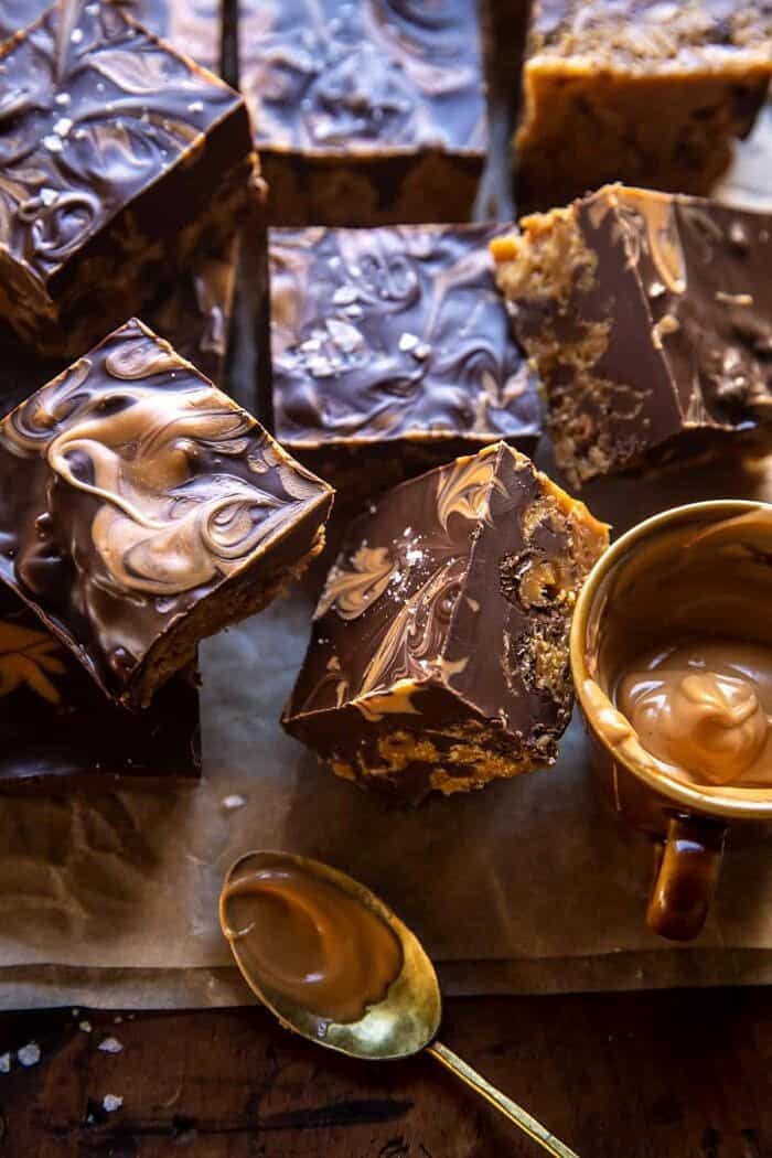 Swirled Chocolate Butterscotch Bars | halfbakedharvest.com overhead close up photo of Swirled Chocolate Butterscotch Bars
