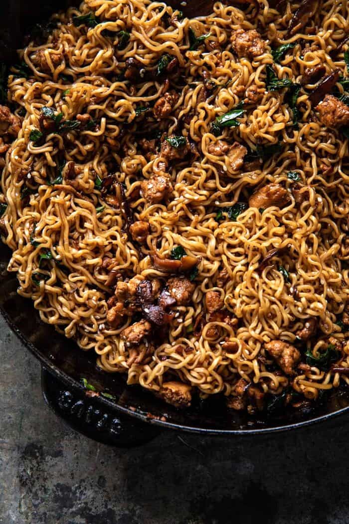 30 Minute Spicy Sesame Noodles with Ginger Chicken | halfbakedharvest.com overhead photo of 30 Minute Spicy Sesame Noodles with Ginger Chicken in skillet